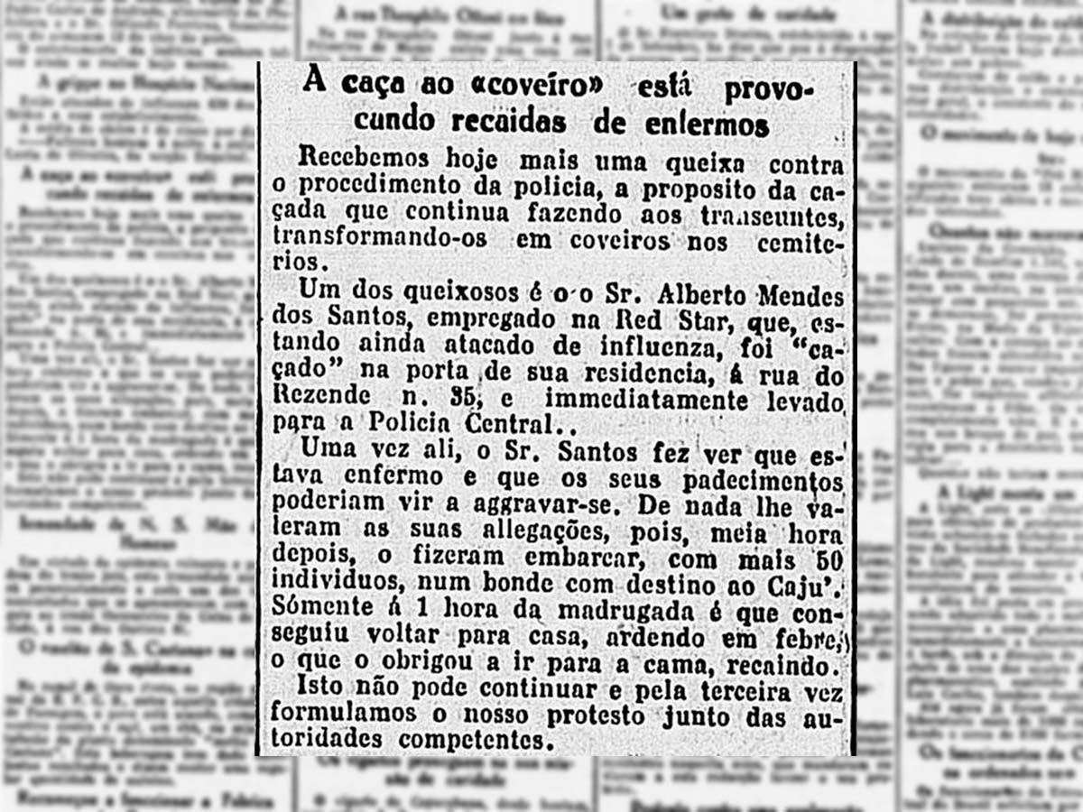 Nota do jornal A Noite critica a prefeitura do Rio por forçar cidadãos comuns a enterrar cadáveres durante a epidemia de 1918 (imagem: Biblioteca Nacional)