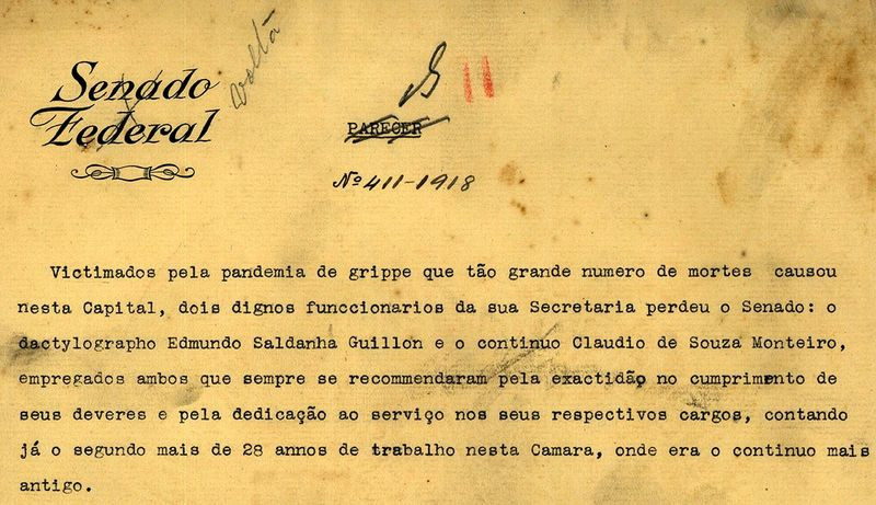 Documento histórico do Arquivo do Senado mostra que dois funcionários da Casa morreram em dezembro de 1918 em decorrência da gripe espanhola (imagem: Arquivo do Senado)
