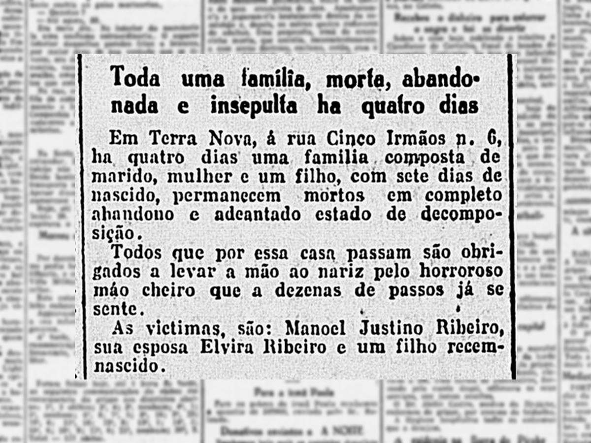 Nos jornais do Rio, são frequentes as notícias de mortos em putrefação dentro de casa (imagem: A Noite/Biblioteca Nacional)