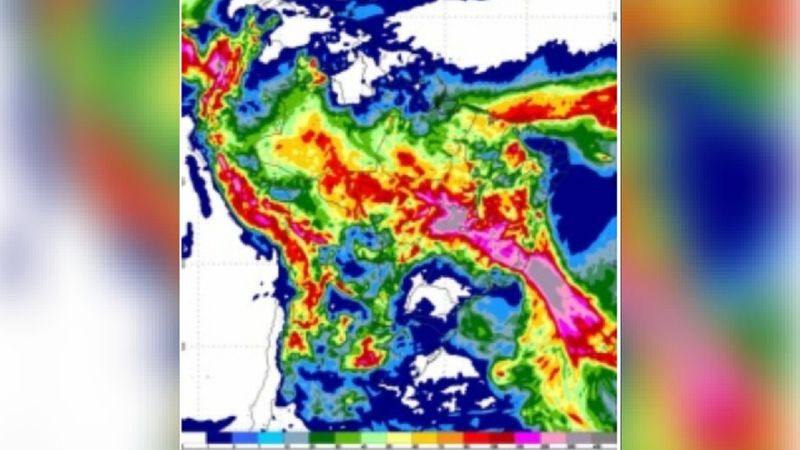 Observa-se que os maiores acumulados de chuva estão previstos em uma faixa que passa pelo centro e norte de Goiás