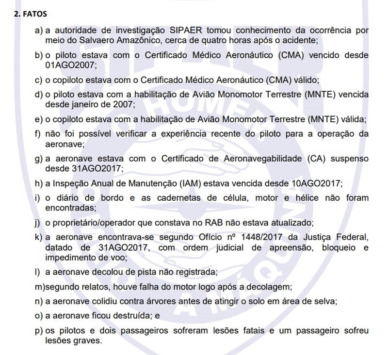 Irregularidades encontradas durante a investigação. (Foto: Divulgação/Cenipa)