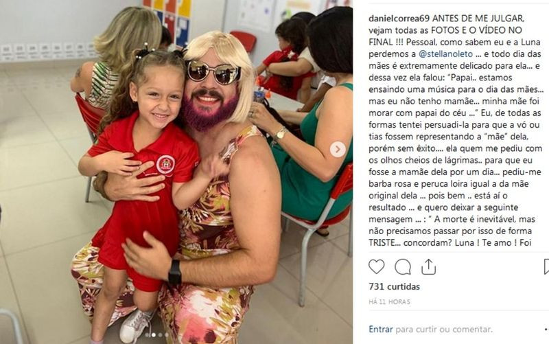 Daniel Correa atendeu pedido da filha Luna e colocou roupa de 'mãe' para ir na festa do Dia das Mães na escola — Foto: Reprodução/Intagram