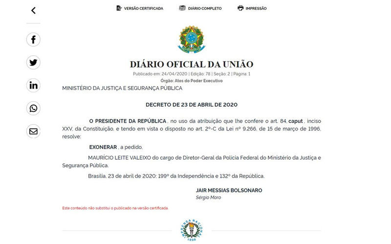 Decreto de exoneração do diretor-geral da PF, Maurício Leite Valeixo, publicado no Diário Oficial da União desta sexta-feira (24) — Foto: Reprodução / Diário Oficial da União