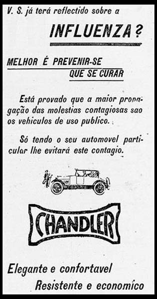 Em anúncio de jornal, importadora de carros aproveita epidemia e alerta sobre os riscos de viajar de bonde (imagem: O Paiz/Biblioteca Nacional)