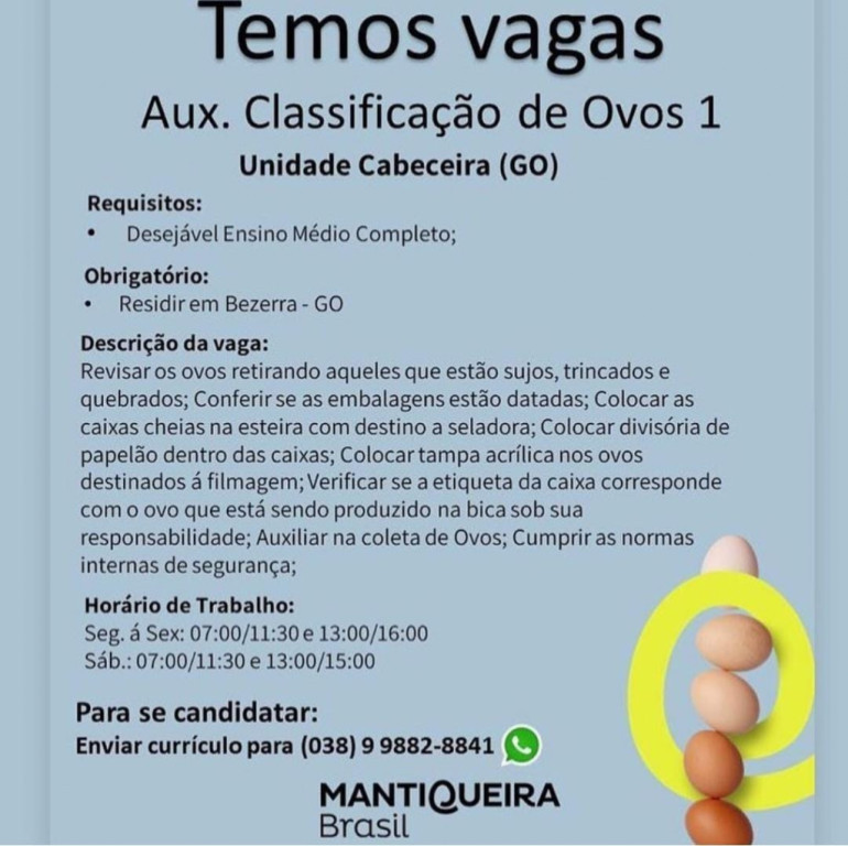 Vaga para unidade de Cabeceiras. Enviar currículo para (38) 99882-8841