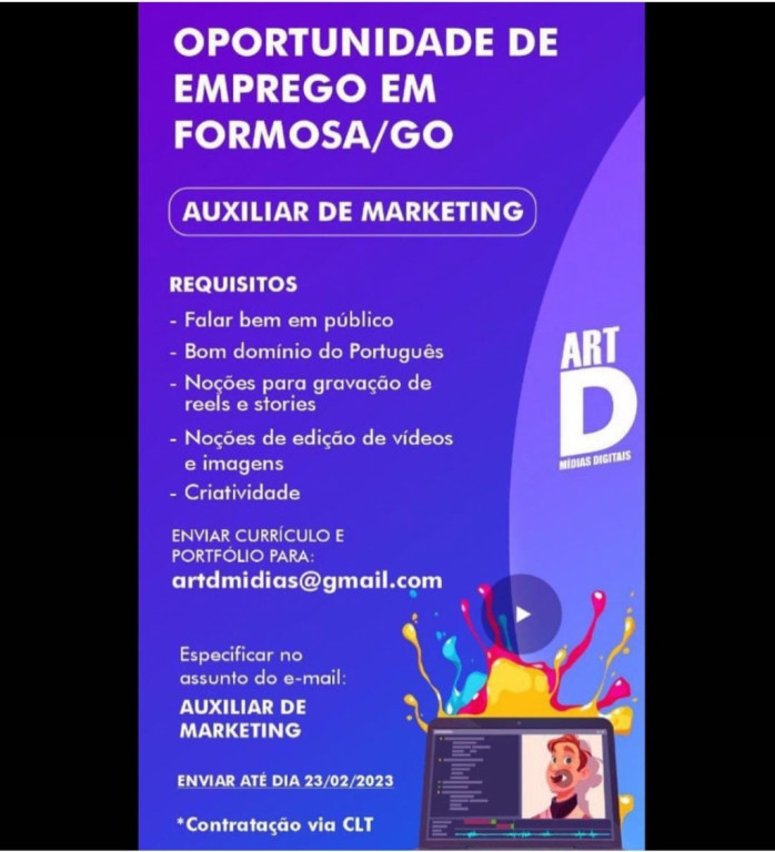 Enviar currículo para artdmidias@gmail.com