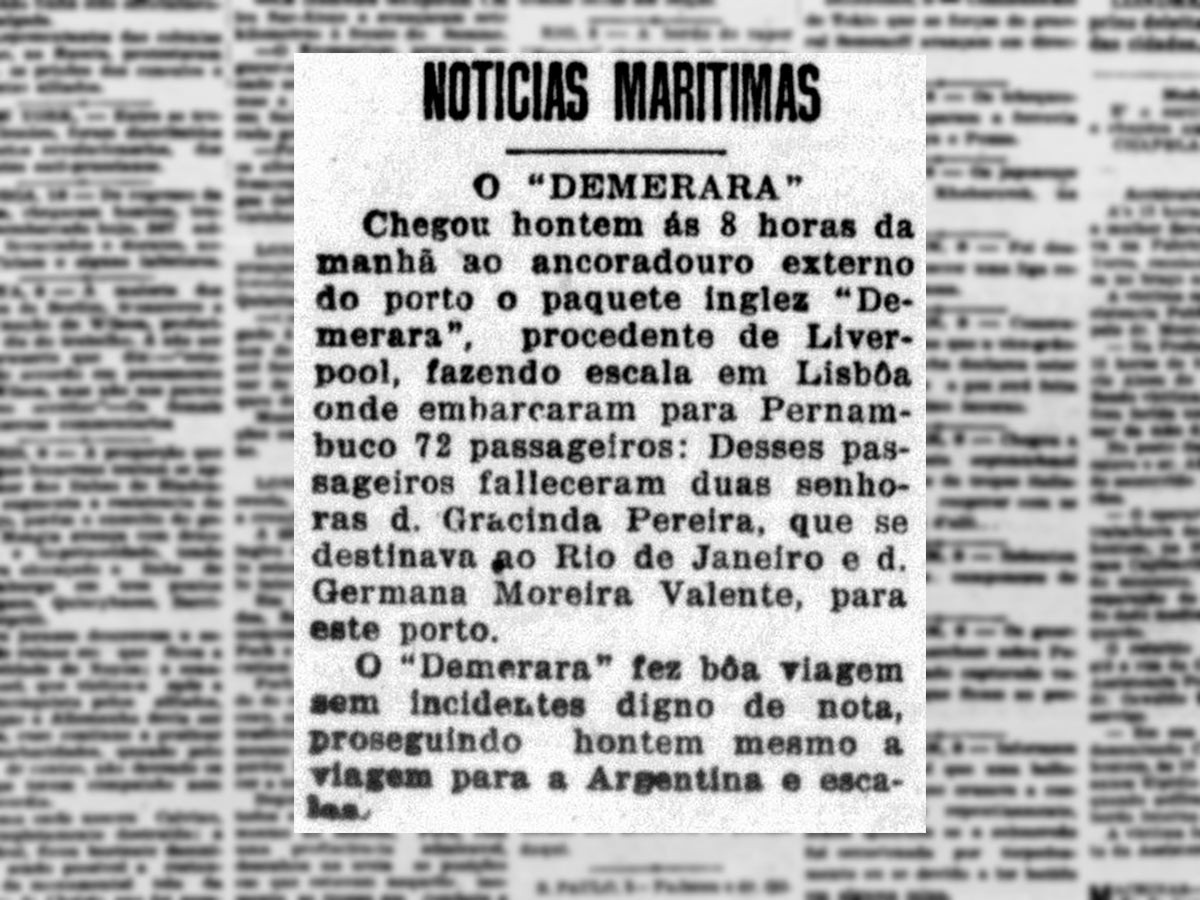 Jornal do Recife noticia a chegada do Demerara à capital pernambucana em 9 de setembro de 1918: sem saber, navio carrega o vírus da gripe espanhola (imagem: Biblioteca Nacional)