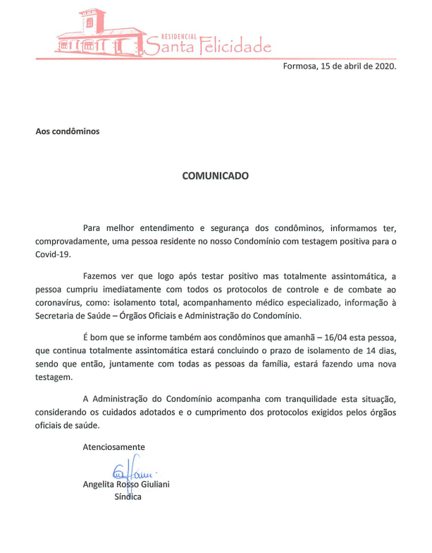 Nota oficial do Residencial Santa Felicidade