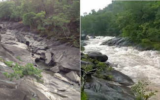 Veja antes e depois; Vale da Lua é tomado por água após fortes chuvas na região da Chapada dos Veadeiros - Goiás — Foto: Montagem/g1