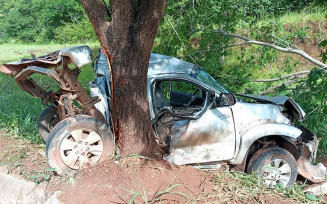 Caminhonete que se partiu ao meio após bater em árvore — Foto: Reprodução/PRE