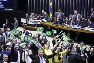 Oposição e governistas agitam faixas e bandeiras na Câmara antes da votação da reforma da Previdência — Foto: Luis Macedo/Câmara dos Deputados