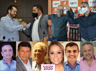 Acima, prefeito Gustavo Marques e Samir Sahori, Wenner Patrick e Maurício Faleiro. Abaixo: Heli Dourado e Ramos, Itamar Barreto e Roberta Brito, Bueno Hernany e Brasil Jr. Arte: Portal Foca Lá