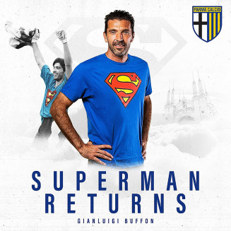 Buffon foi apresentado como Superman, e terá a missão de levar o Parma para elite da Itália. Foto: Reprodução Twitter Parma